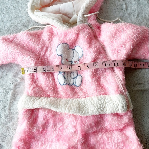 VINTAGE Pink Fuzzy Hooded Onesie with Teddy Bear - Picture 11 of 11